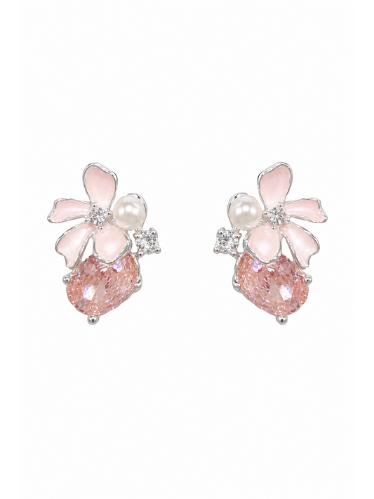 Pink Petal Zircon Flower Rhodium with Sterling Silver Posts Earring 1