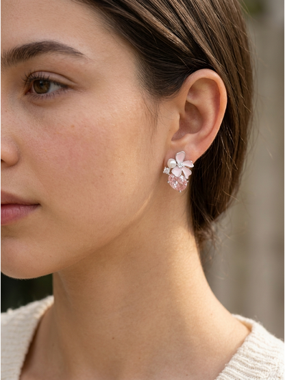 Pink Petal Zircon Flower Rhodium with Sterling Silver Posts Earring 3