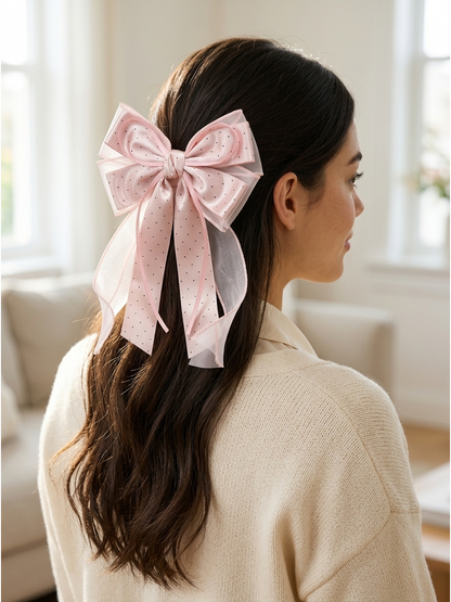 Pink Polka Dot Long Tail Bow Hair Clip 2