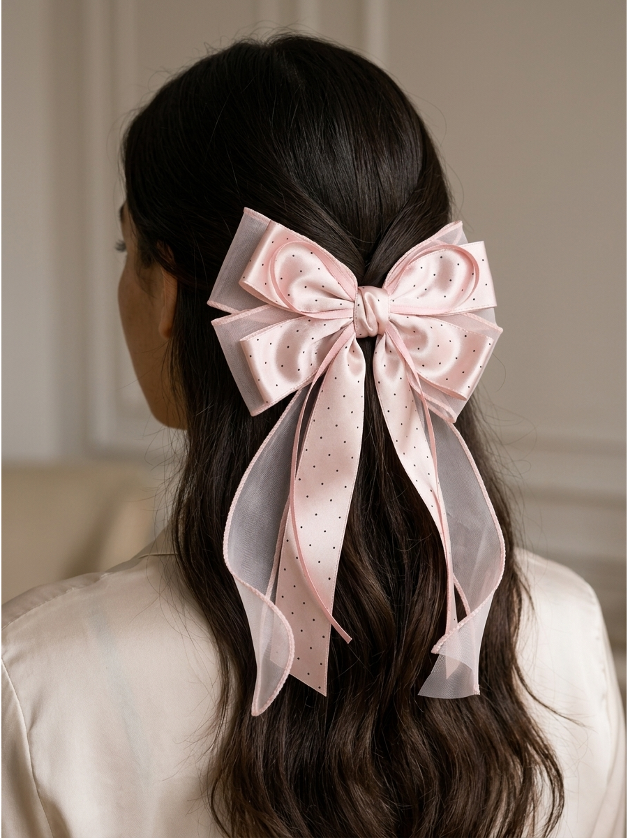 Pink Polka Dot Long Tail Bow Hair Clip 3