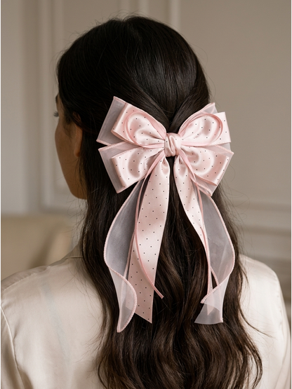 Pink Polka Dot Long Tail Bow Hair Clip 3