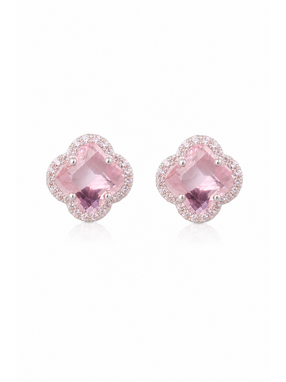 Pink Quatrefoil Zircon Rhodium with Sterling Silver Posts Earring 1