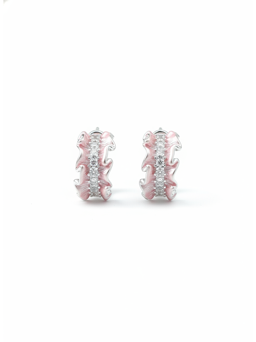 Pink Ruffled Edge Cubic Zirconia -plated Rhodium with Sterling Silver Posts Earring 1