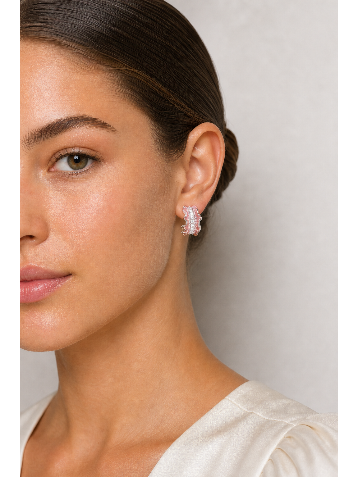 Pink Ruffled Edge Cubic Zirconia -plated Rhodium with Sterling Silver Posts Earring 3