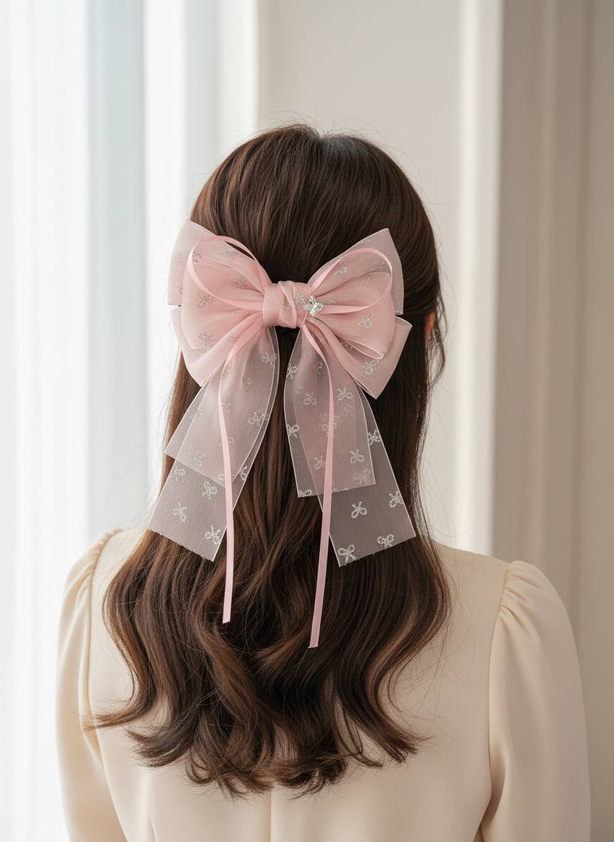 Pink Sheer Bow Hair Clip with Sparkle Accent - 2 Pack 3