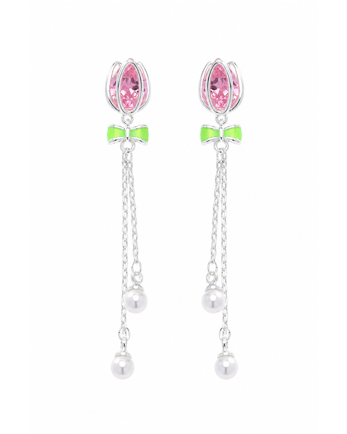 Pink Tulip Bow Tassel Rhodium with Sterling Silver Posts Earring 1