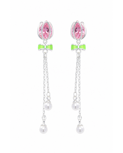 Pink Tulip Bow Tassel Rhodium with Sterling Silver Posts Earring 1