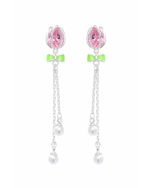 Pink Tulip Bow Tassel Rhodium with Sterling Silver Posts Earring