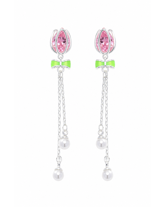Pink Tulip Bow Tassel Rhodium with Sterling Silver Posts Earring 1