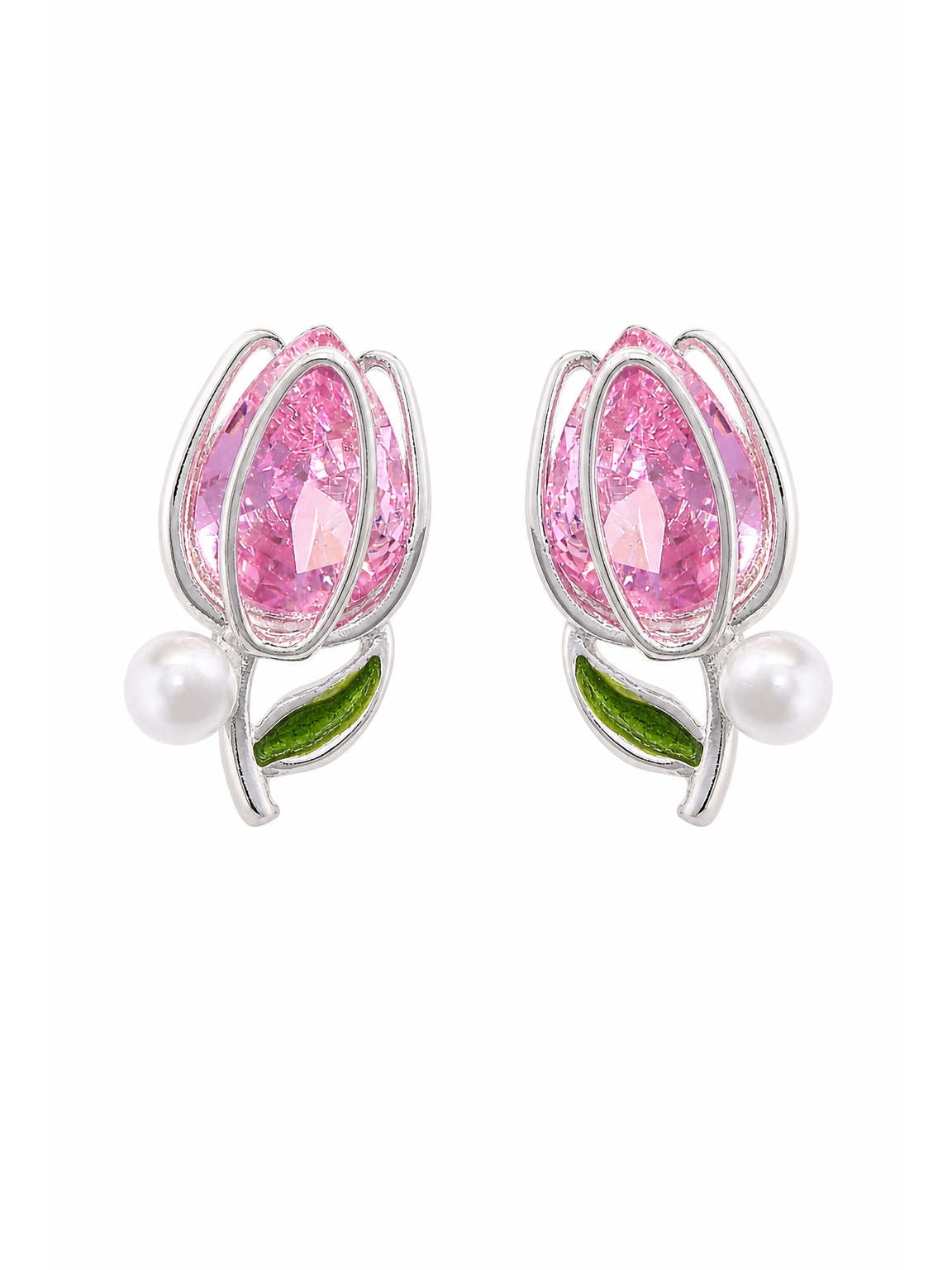 Pink Tulip Rhodium with Sterling Silver Posts Earring 1