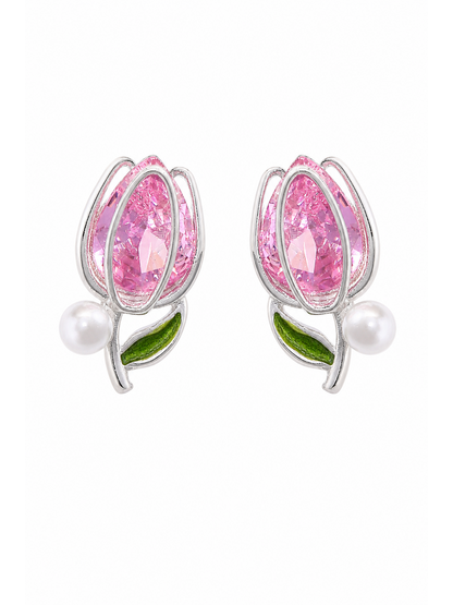 Pink Tulip Rhodium with Sterling Silver Posts Earring 1