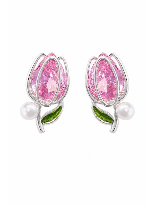 Pink Tulip Rhodium with Sterling Silver Posts Earring 1