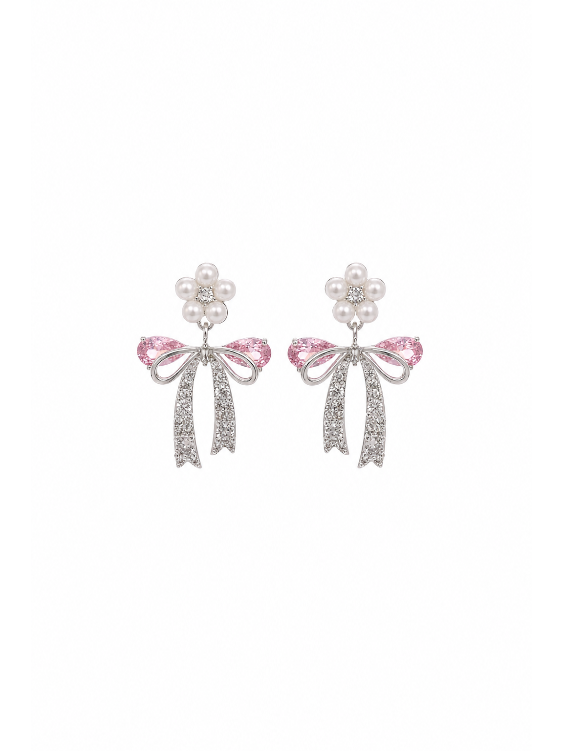 Pink Zircon Bow Flower Rhodium with Sterling Silver Posts Earring 1
