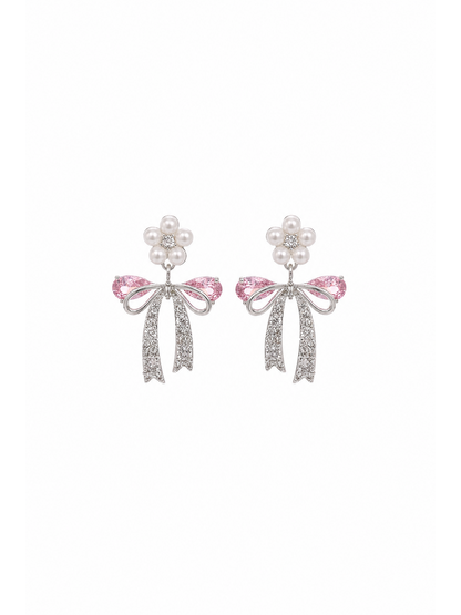 Pink Zircon Bow Flower Rhodium with Sterling Silver Posts Earring 1