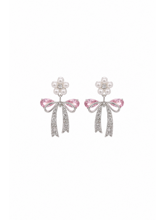 Pink Zircon Bow Flower Rhodium with Sterling Silver Posts Earring 1