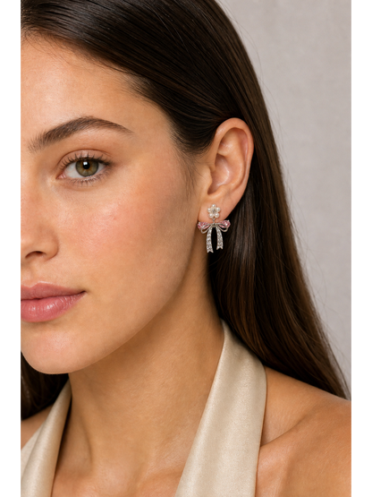 Pink Zircon Bow Flower Rhodium with Sterling Silver Posts Earring 3