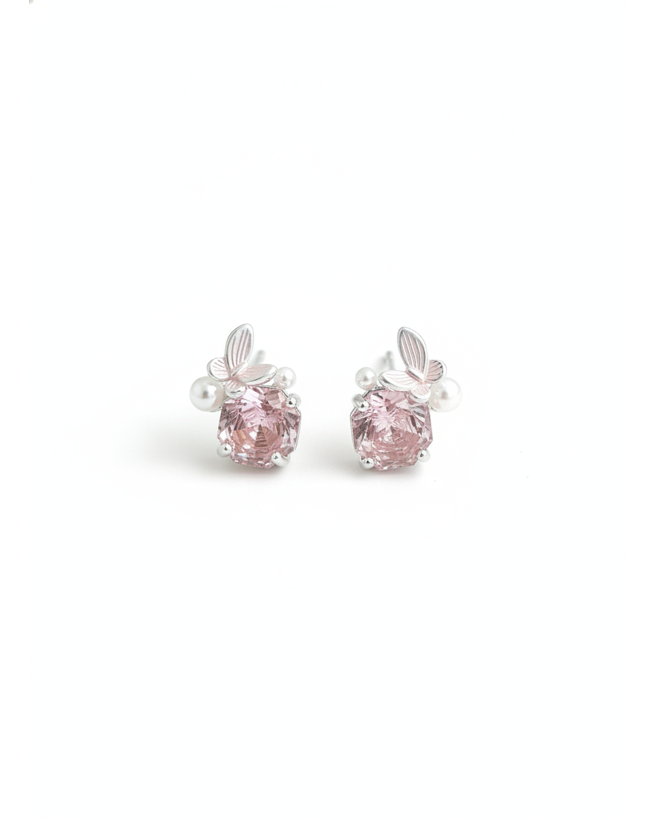 Pink Zircon Butterfly Pearl Rhodium with Sterling Silver Posts Earring 1