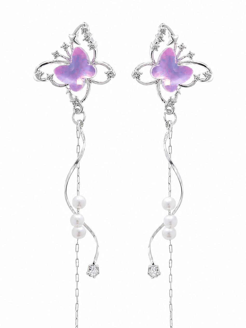 Purple Butterfly Pearl Tassel Rhodium with Sterling Silver Posts Earring 1