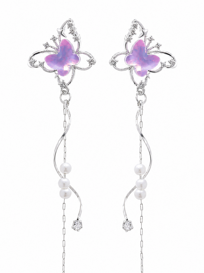 Purple Butterfly Pearl Tassel Rhodium with Sterling Silver Posts Earring 1