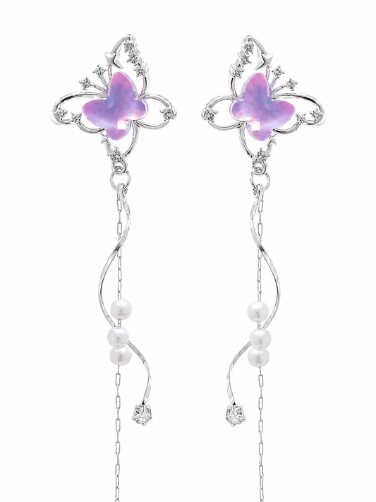 Purple Butterfly Pearl Tassel Rhodium with Sterling Silver Posts Earring 1