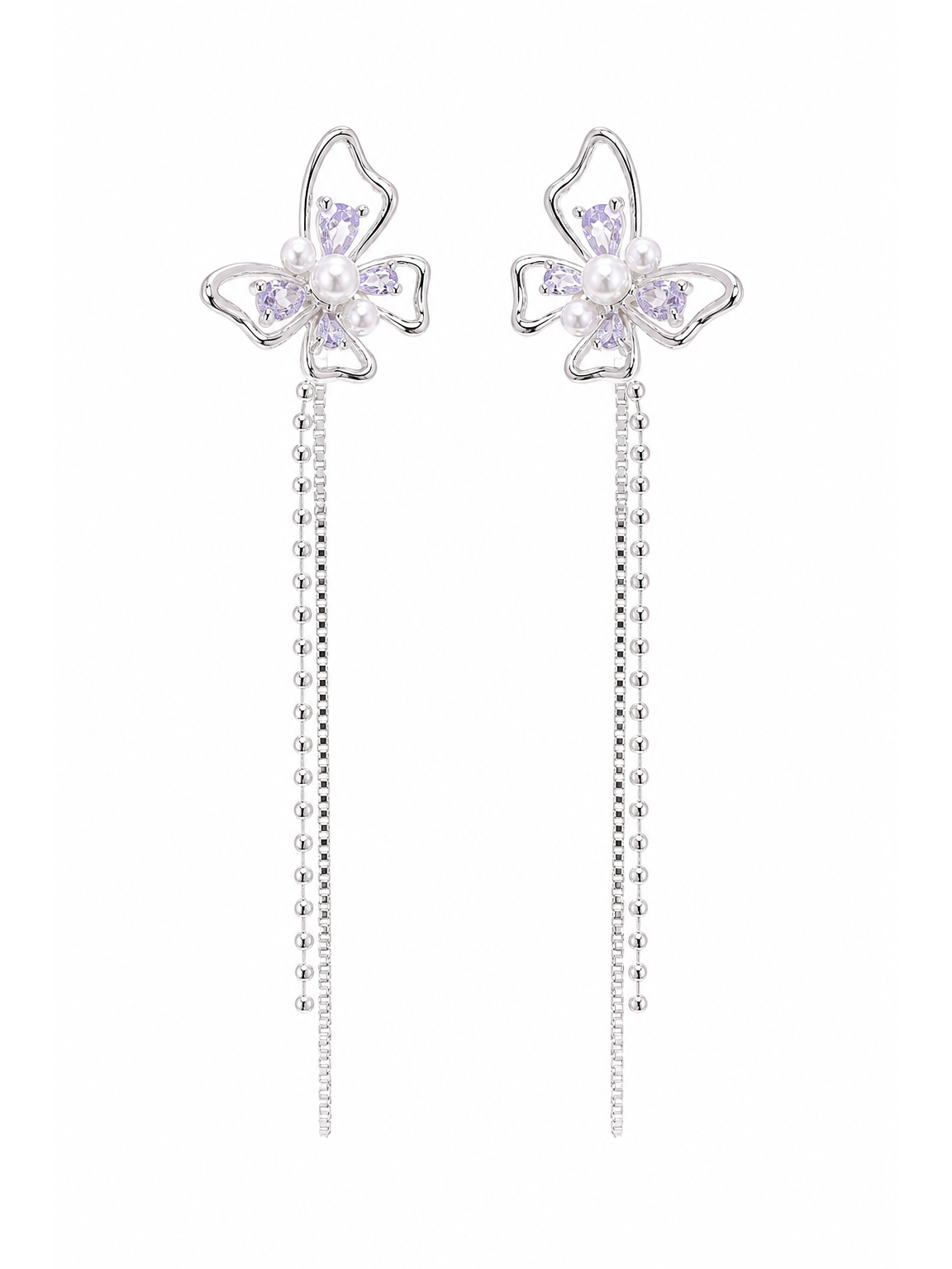 Purple Butterfly Pearl Tassel Rhodium with Sterling Silver Posts Earring 1