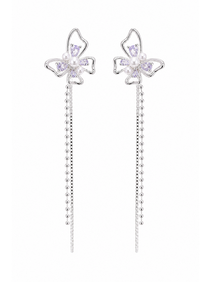 Purple Butterfly Pearl Tassel Rhodium with Sterling Silver Posts Earring 1