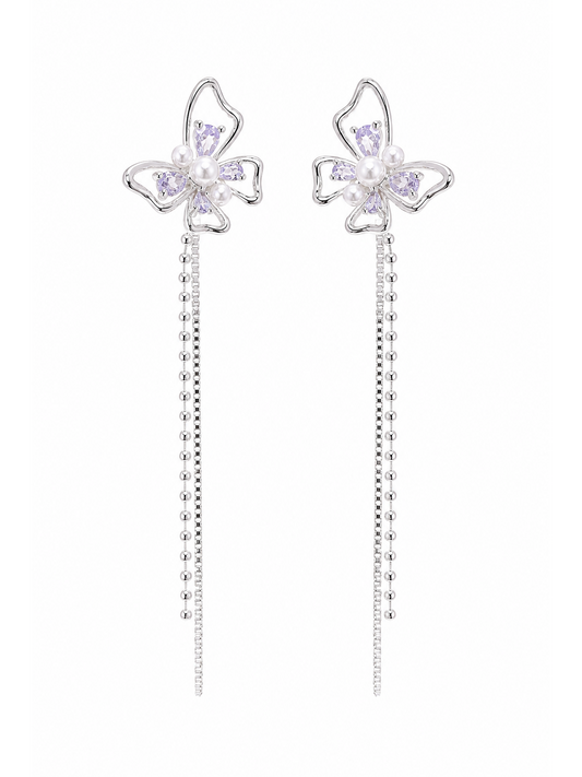 Purple Butterfly Pearl Tassel Rhodium with Sterling Silver Posts Earring 1