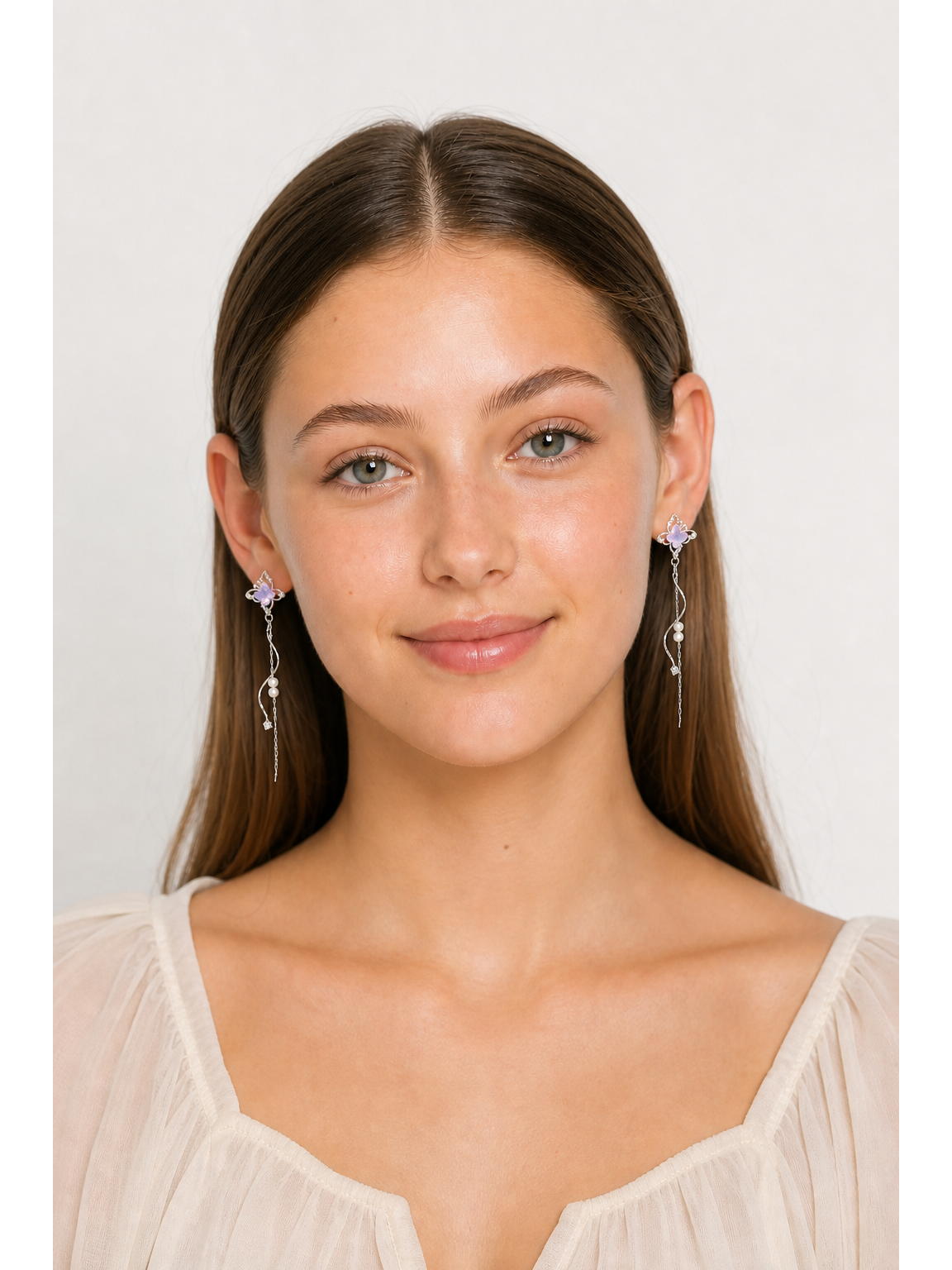 Purple Butterfly Pearl Tassel Rhodium with Sterling Silver Posts Earring 2