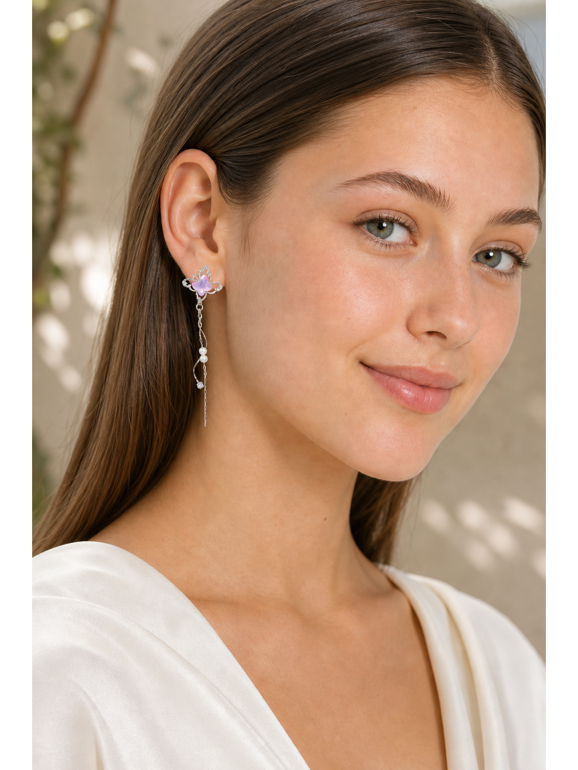 Purple Butterfly Pearl Tassel Rhodium with Sterling Silver Posts Earring 3
