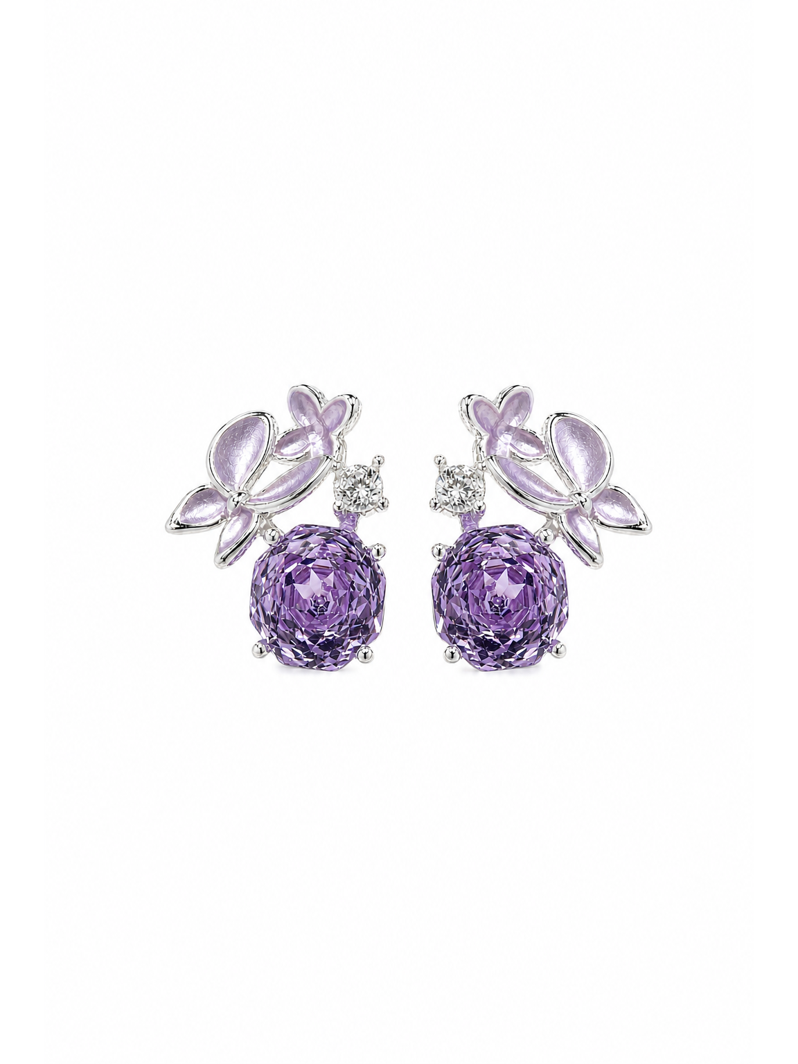 Purple Enamel Butterfly Rose Cut Rhodium with Sterling Silver Posts Earring 1