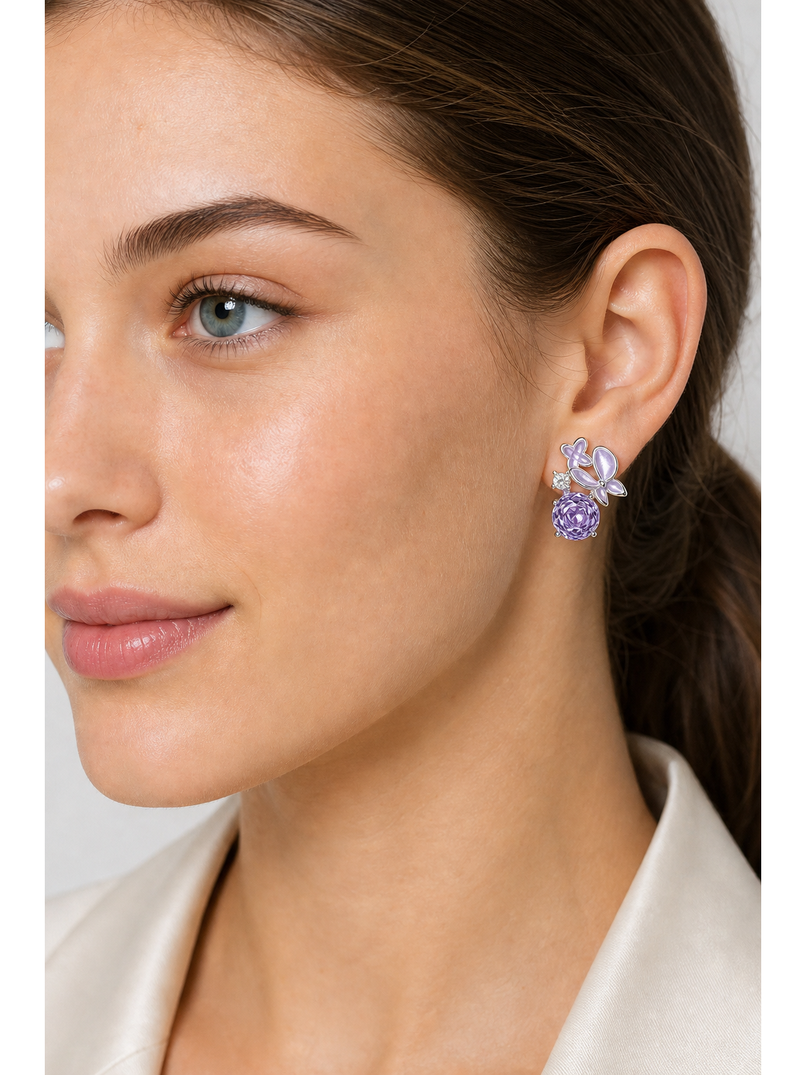 Purple Enamel Butterfly Rose Cut Rhodium with Sterling Silver Posts Earring 3