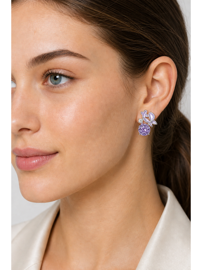 Purple Enamel Butterfly Rose Cut Rhodium with Sterling Silver Posts Earring 3