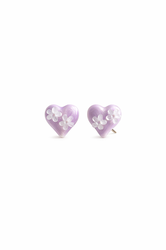 Purple Enamel Heart With Floral Detail with Sterling Silver Posts Earring 1