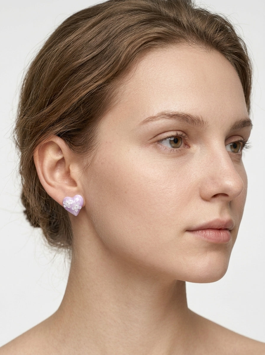 Purple Enamel Heart With Floral Detail with Sterling Silver Posts Earring 3