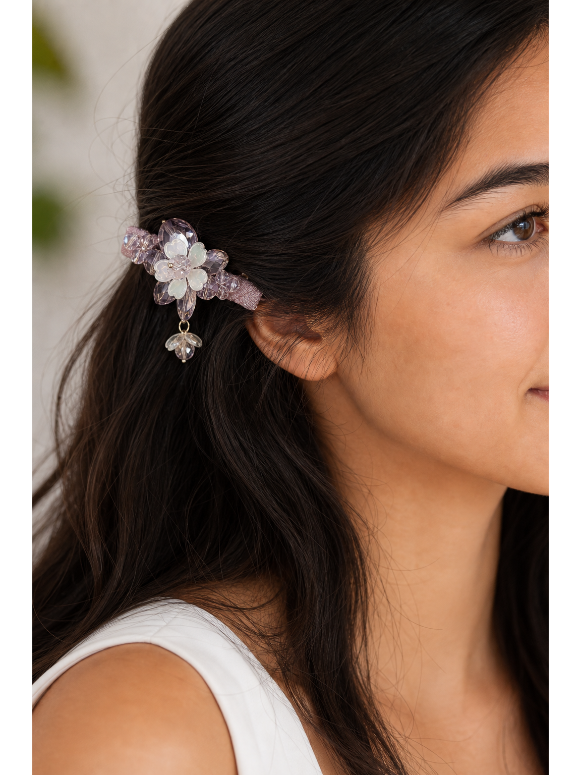 Purple Floral Beaded Hair Clip with Drop Charm 3
