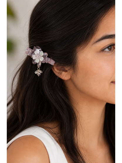Purple Floral Beaded Hair Clip with Drop Charm 3