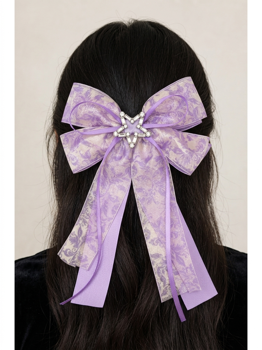 Purple Organza Bow Hair Clip with Star Accent 3