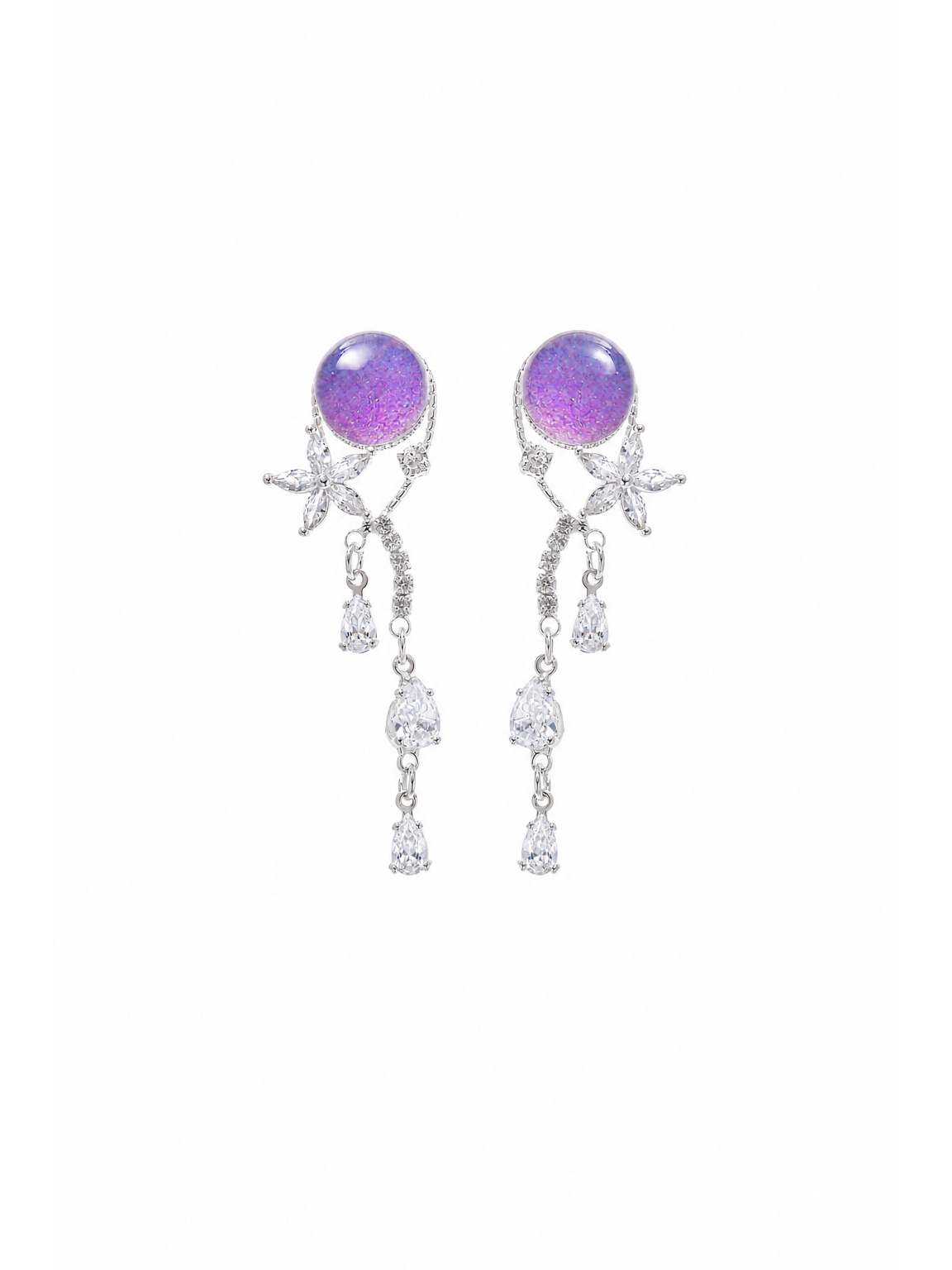 Purple Resin Flower Drop In Rhodium with Sterling Silver Posts Earring 1