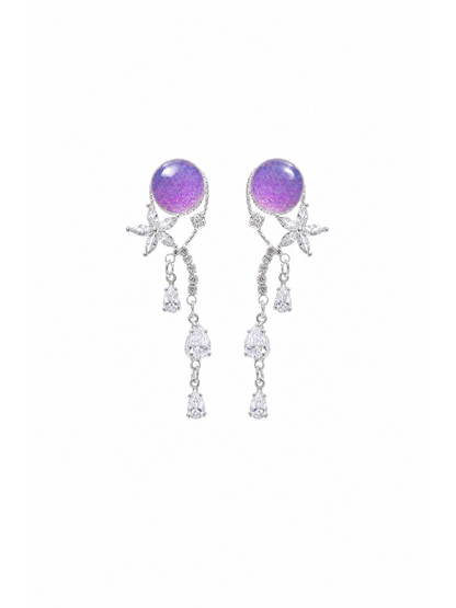 Purple Resin Flower Drop In Rhodium with Sterling Silver Posts Earring 1