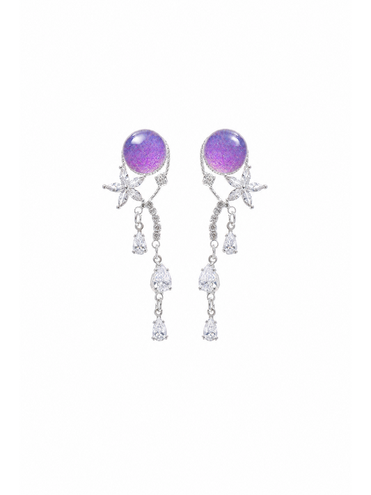 Purple Resin Flower Drop In Rhodium with Sterling Silver Posts Earring 1