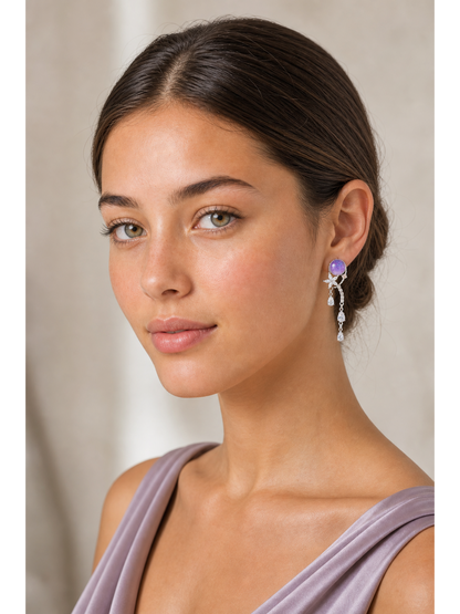 Purple Resin Flower Drop In Rhodium with Sterling Silver Posts Earring 2