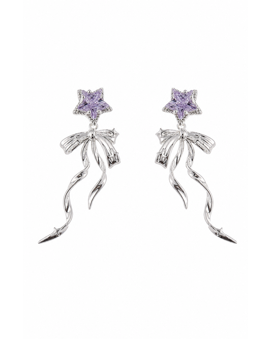 Purple Star Bow Drop Rhodium with Sterling Silver Posts Earring 1