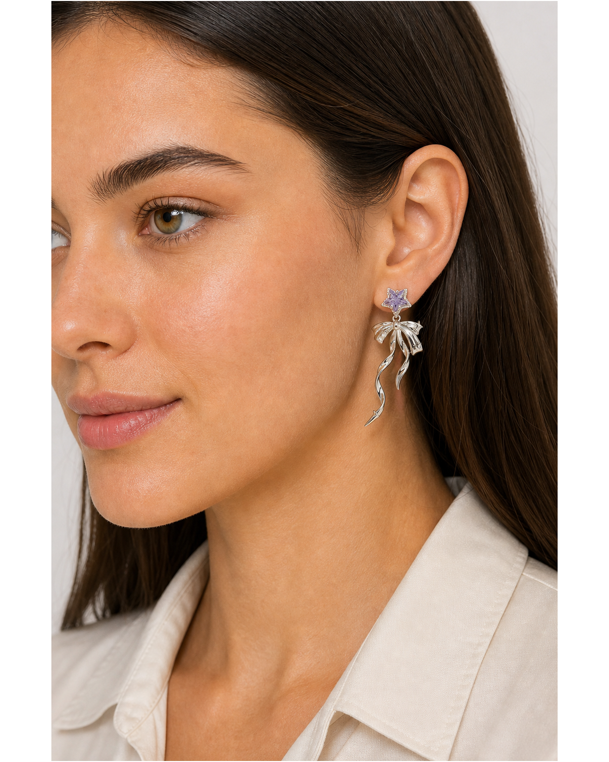 Purple Star Bow Drop Rhodium with Sterling Silver Posts Earring 3