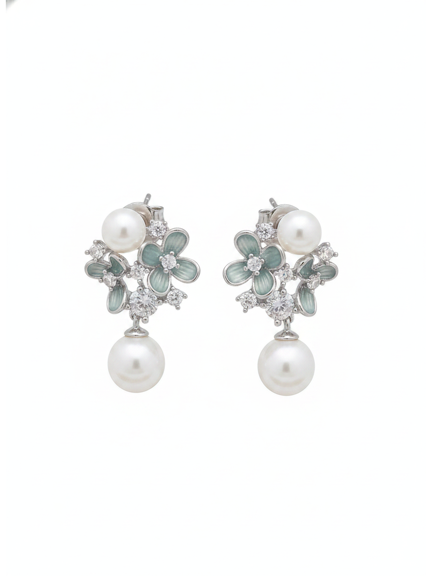 Blue Floral Pearl Drop Rhodium with Sterling Silver Posts Earring 1
