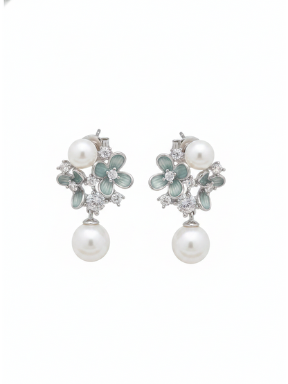 Blue Floral Pearl Drop Rhodium with Sterling Silver Posts Earring 1