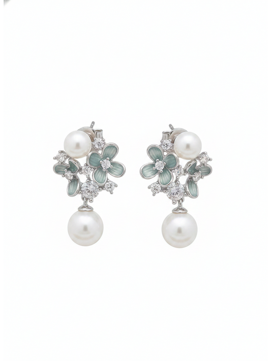 Blue Floral Pearl Drop Rhodium with Sterling Silver Posts Earring 1