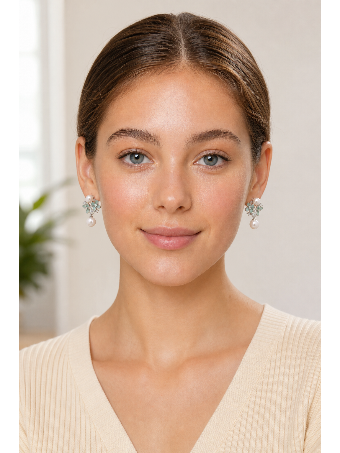 Blue Floral Pearl Drop Rhodium with Sterling Silver Posts Earring 2