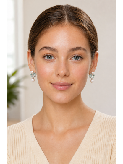 Blue Floral Pearl Drop Rhodium with Sterling Silver Posts Earring 2