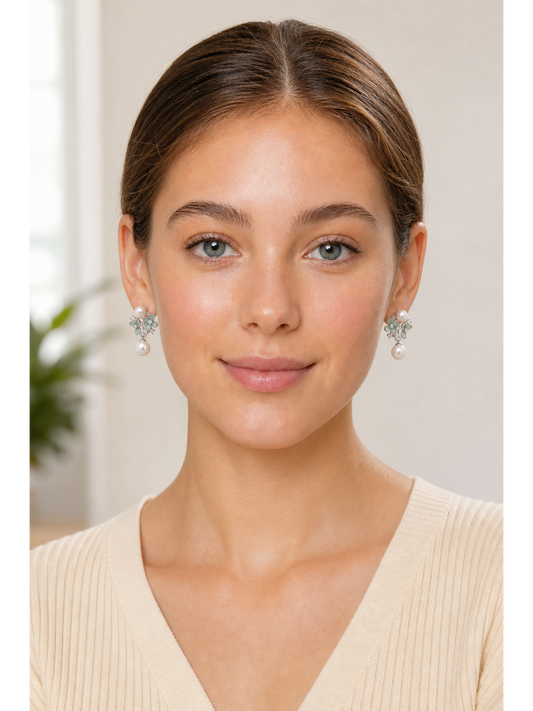 Blue Floral Pearl Drop Rhodium with Sterling Silver Posts Earring 2