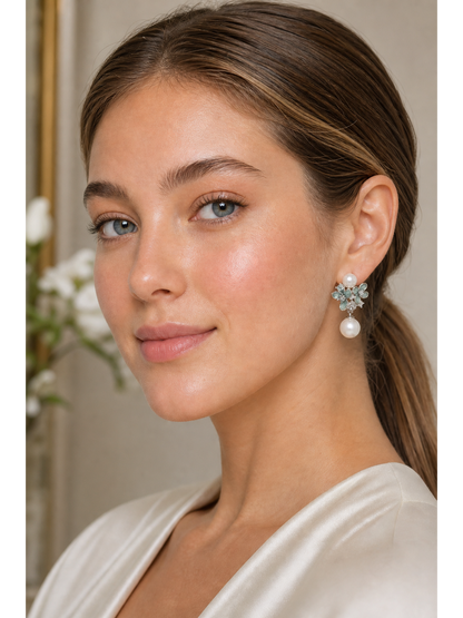 Blue Floral Pearl Drop Rhodium with Sterling Silver Posts Earring 3